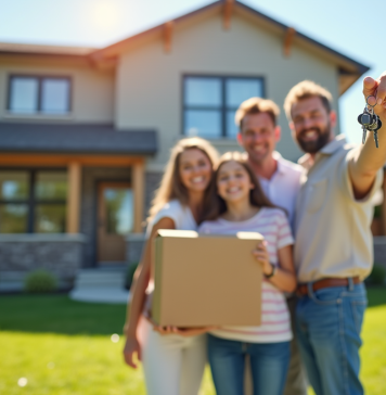 Vendre sa maison : pourquoi attendre 5 ans avant ? Famille heureuse tenant des clés devant une maison moderne