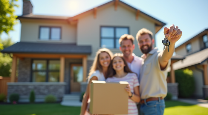 Famille heureuse tenant des clés devant une maison moderne