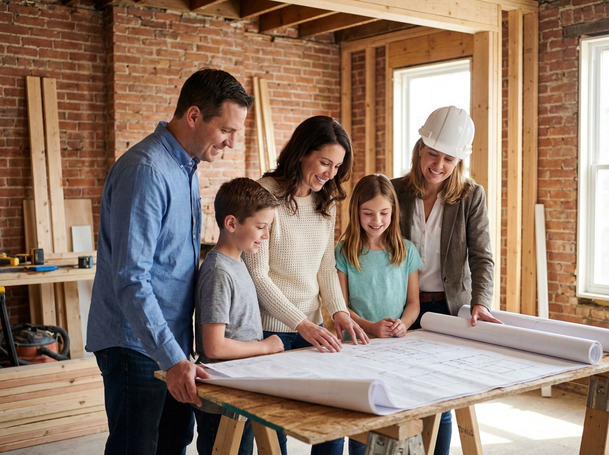Famille regardant plans avec architecte dans maison en rénovation