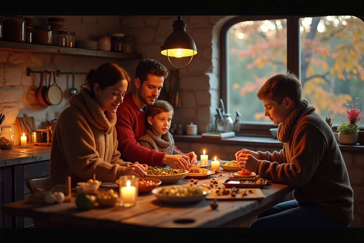 Famille en cuisine rustique préparant un repas maison