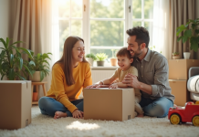 Famille souriante préparant ses cartons dans un salon lumineux