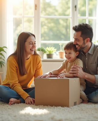 Famille souriante préparant ses cartons dans un salon lumineux