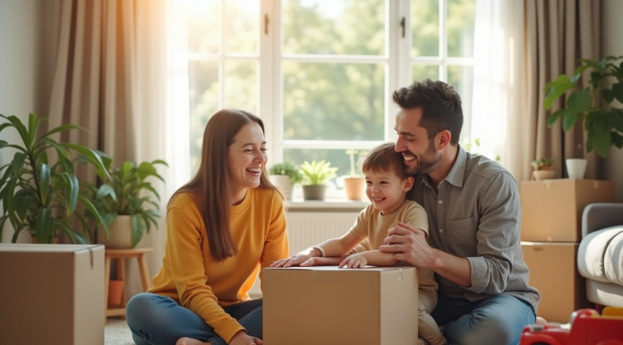 Famille souriante préparant ses cartons dans un salon lumineux
