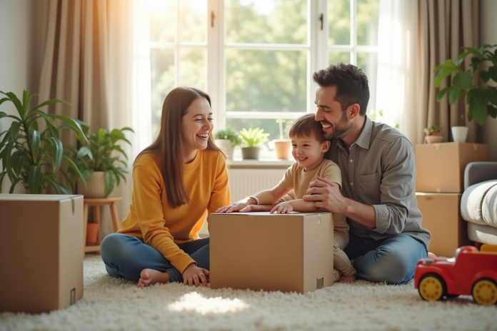 famille-heureuse-demenagement Famille souriante préparant ses cartons dans un salon lumineux