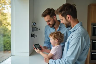 Famille dans la cuisine moderne vérifiant un compteur d'eau