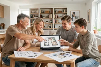 Famille réunie autour d'un ordinateur portable pour travailler un plan 3D de maison avec Kazaplan