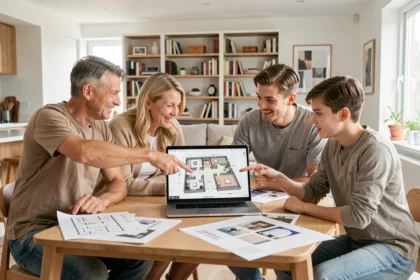 Famille réunie autour d'un ordinateur portable pour travailler un plan 3D de maison avec Kazaplan