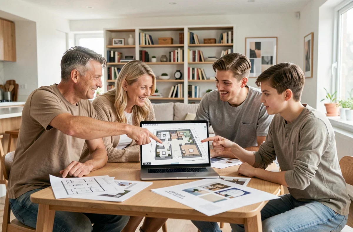 Famille réunie autour d'un ordinateur portable pour travailler un plan 3D de maison avec Kazaplan