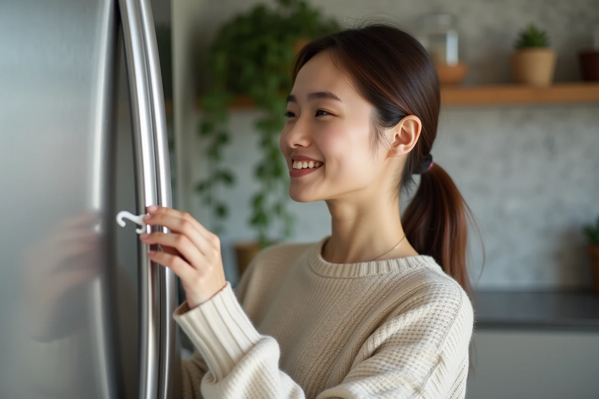 Jeune femme fixant un crochet en plastique sur une porte de frigo en cuisine