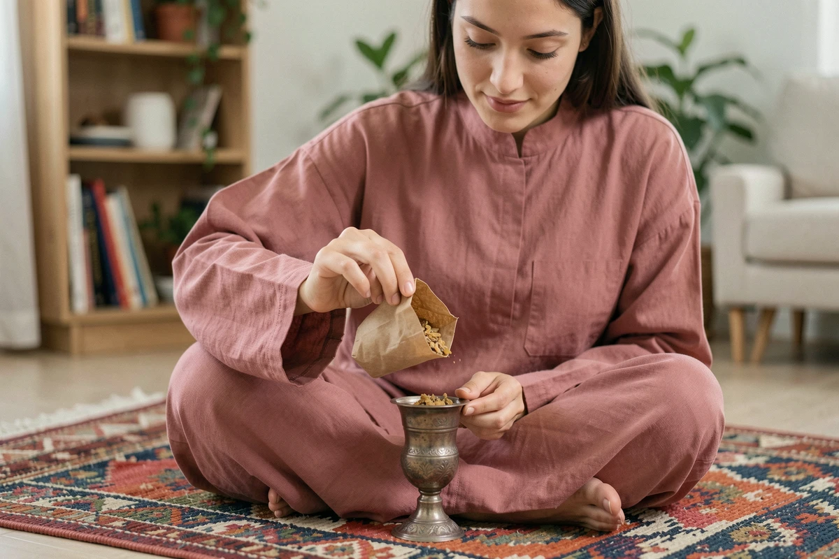 Femme versant du bakhour dans un encensoir traditionnel mabkhara, utilisation économique d'encens oriental à la maison