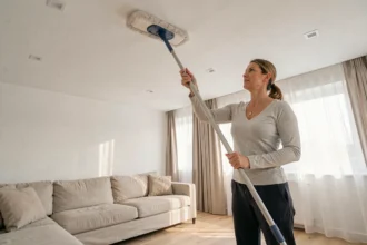 Femme utilisant un balai télescopique à microfibre pour nettoyer le plafond de son salon sans escabeau