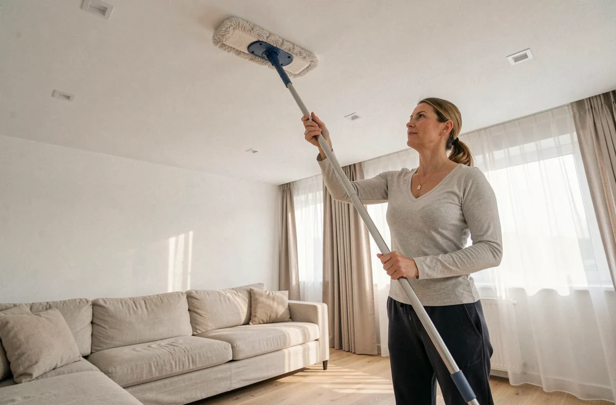 Femme utilisant un balai télescopique à microfibre pour nettoyer le plafond de son salon sans escabeau