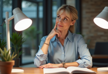 Femme d affaires examine deux lampes de bureau modernes