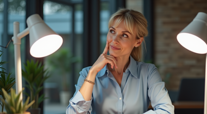 Femme d affaires examine deux lampes de bureau modernes