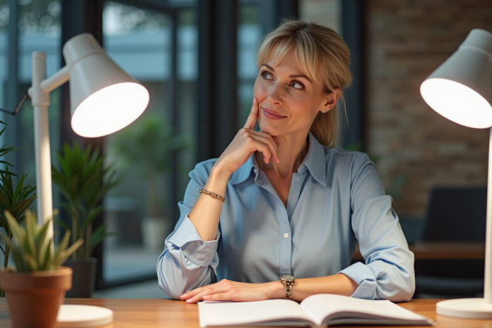 femme-bureau-lampes-decor Femme d affaires examine deux lampes de bureau modernes