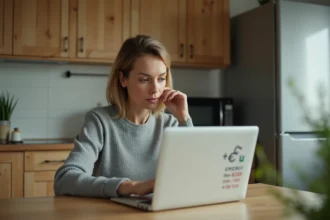 Femme consultant un calculateur de consommation électrique en euros sur un ordinateur portable dans une cuisine moderne avec électroménager