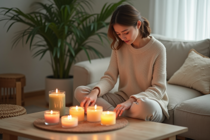 Femme arrangeant des bougies colorées dans un salon cosy