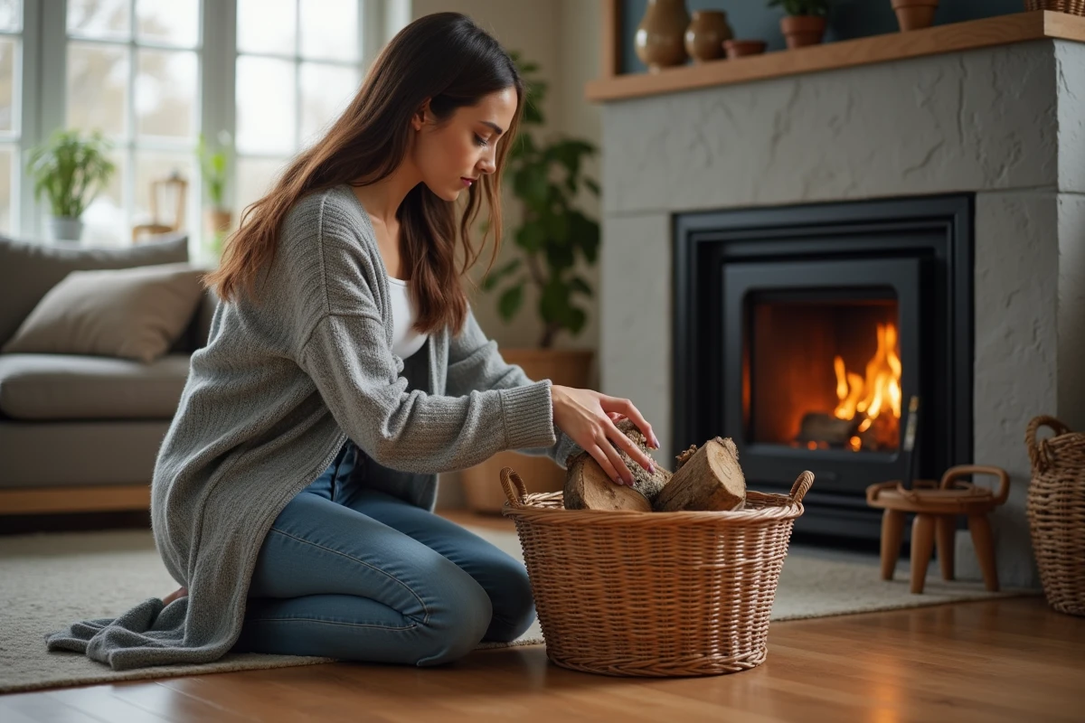 Femme choisit un bois pour le feu dans le salon cosy