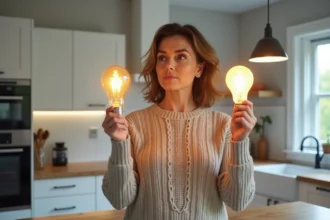 Femme comparant deux ampoules LED dans une cuisine moderne pour choisir la bonne équivalence lumens et watts