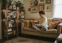 Astuces déco pour aménager un salon cosy sans exploser son budget Jeune femme assise sur un canapé avec coussins colorés dans un salon chaleureux