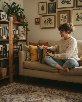 Jeune femme assise sur un canapé avec coussins colorés dans un salon chaleureux