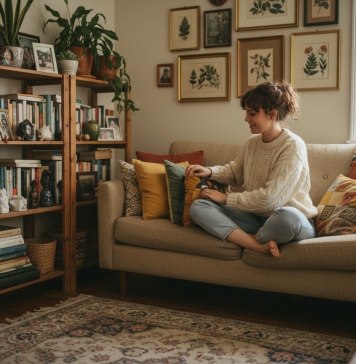 Astuces déco pour aménager un salon cosy sans exploser son budget Jeune femme assise sur un canapé avec coussins colorés dans un salon chaleureux