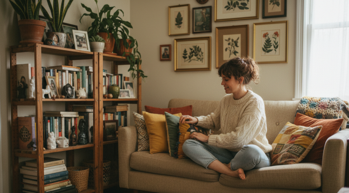 Jeune femme assise sur un canapé avec coussins colorés dans un salon chaleureux