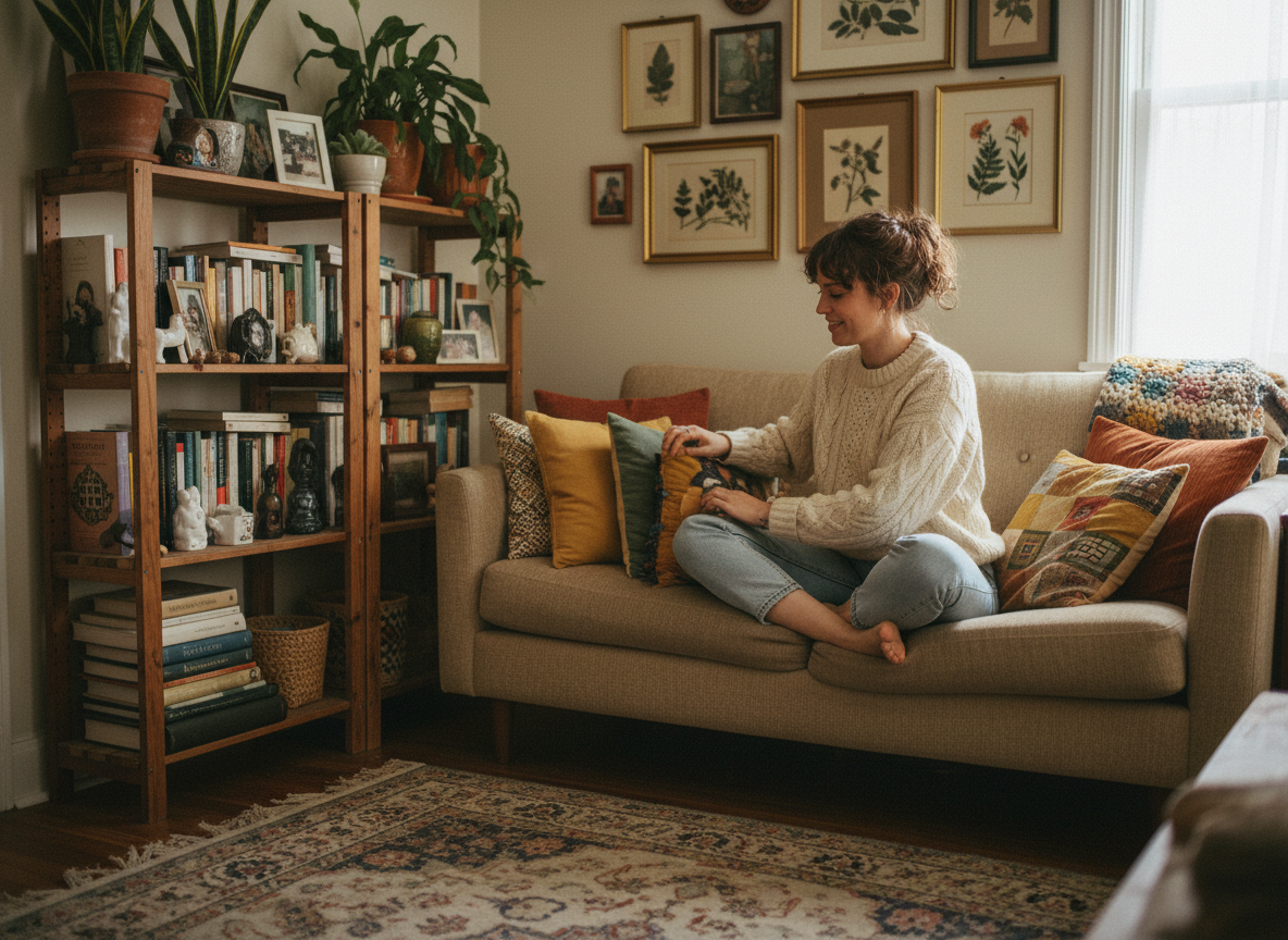 Jeune femme assise sur un canapé avec coussins colorés dans un salon chaleureux