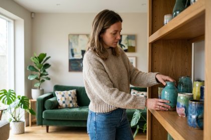 Femme arrangeant des vases en céramique dans un salon moderne