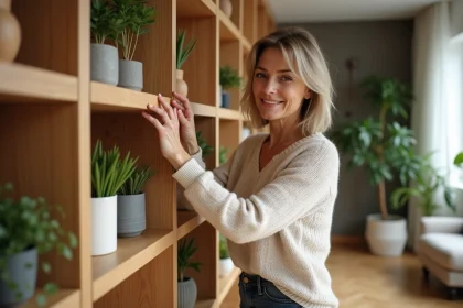 Femme ajustant une décoration en bois dans un salon chaleureux