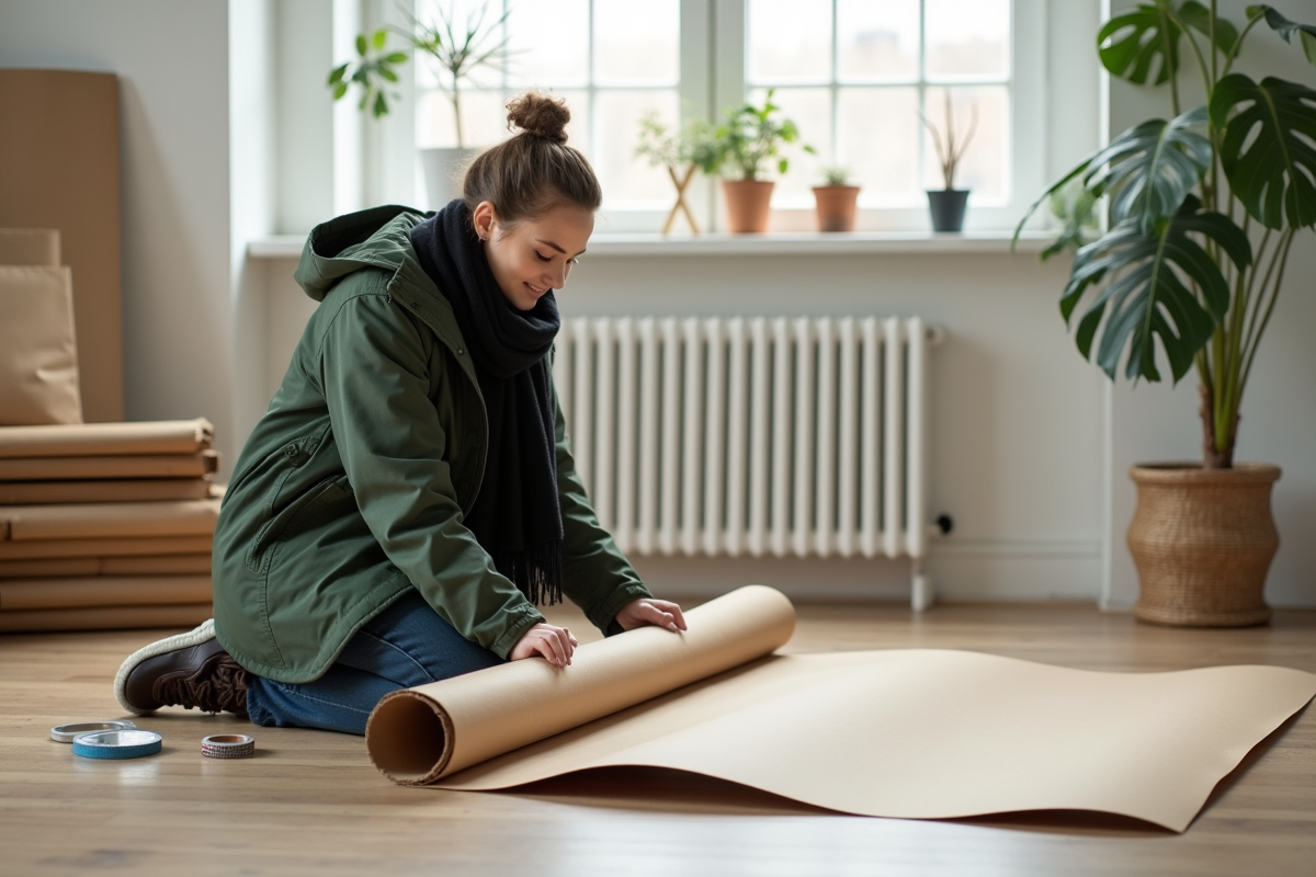 Jeune femme pliant une affiche de bus dans un intérieur lumineux