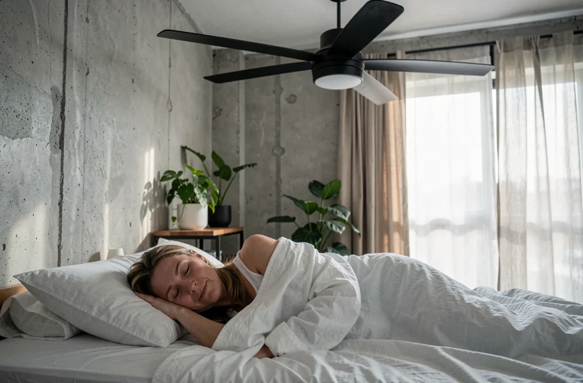 Femme dormant paisiblement sous un ventilateur de plafond silencieux dans une chambre contemporaine