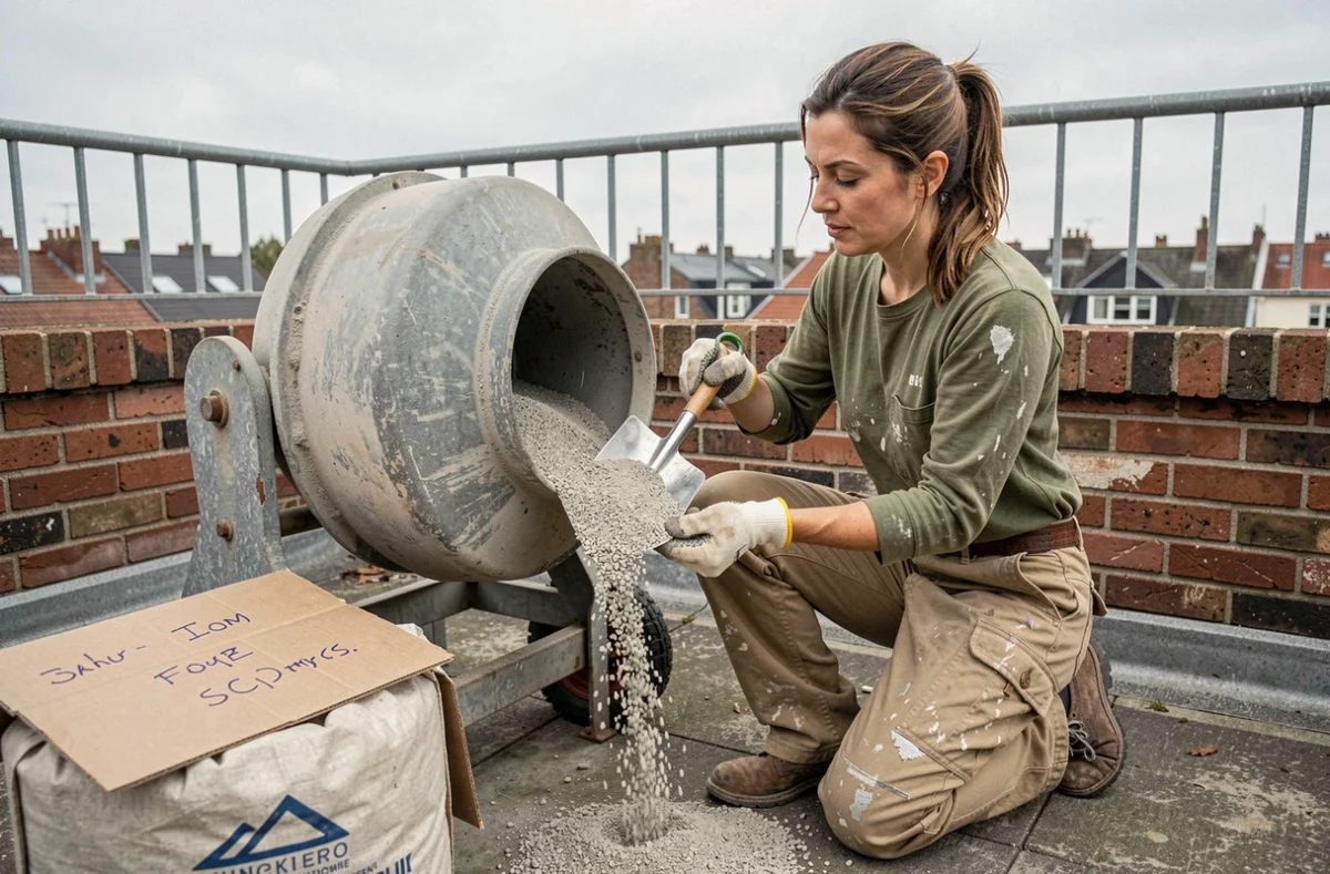 Femme calculant le dosage de béton à la pelle avec une bétonnière sur une terrasse urbaine