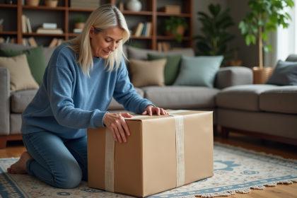 Femme en sweater bleu emballant un objet dans un intérieur cosy