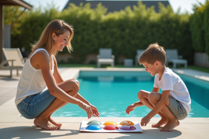 Femme et enfant comparant des coquillages de piscine