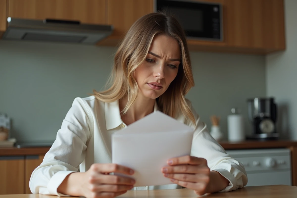 Femme regardant une enveloppe vide dans une cuisine moderne
