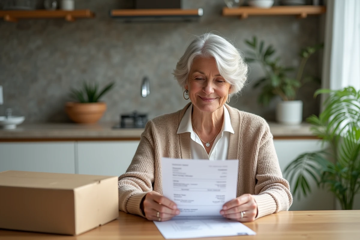 Femme vérifie une facture près d un radiateur dans la cuisine