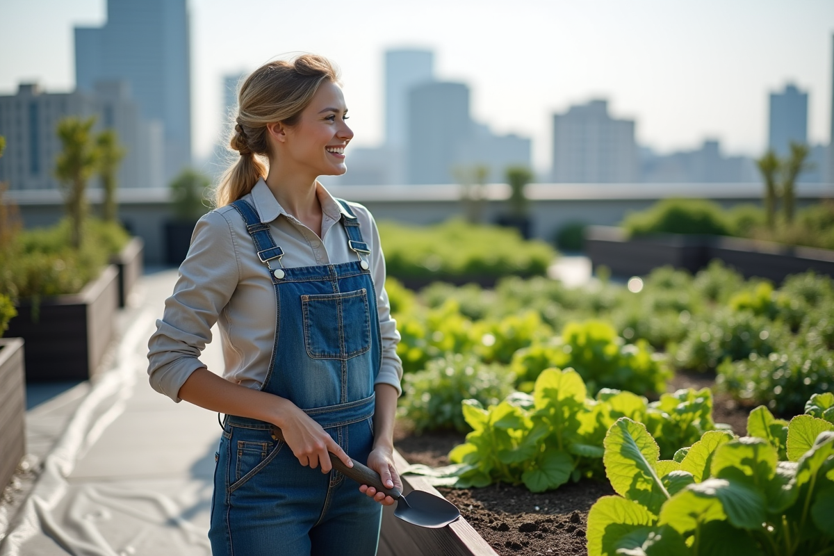 Femme souriante vérifiant un potager urbain avec membrane