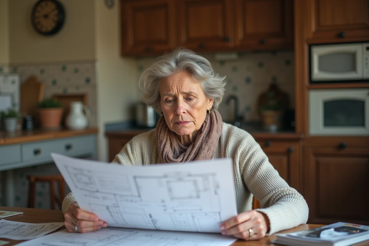 Femme lisant des documents de renovation à la cuisine