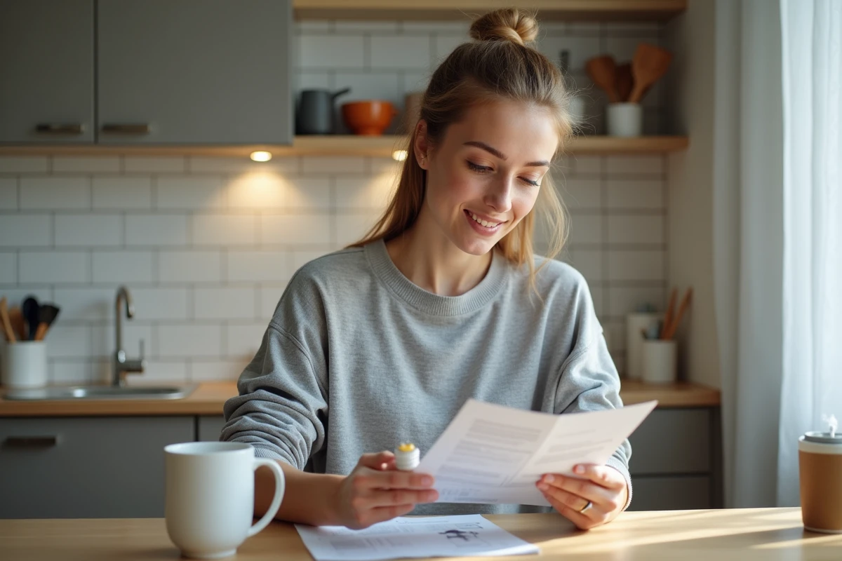 Jeune femme lisant un manuel avec une ampoule LED dans la cuisine