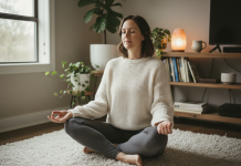 Femme méditant dans un salon cosy et apaisant