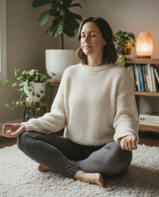 Femme méditant dans un salon cosy et apaisant