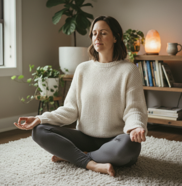 Femme méditant dans un salon cosy et apaisant