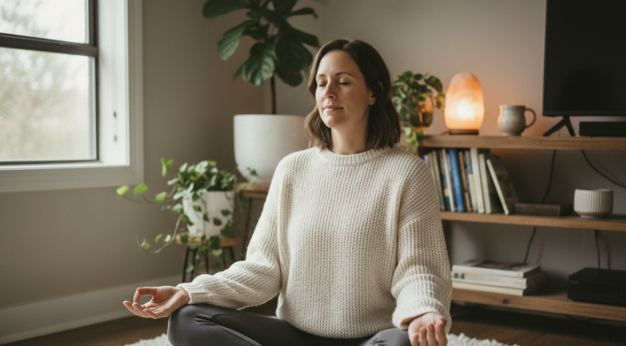 Femme méditant dans un salon cosy et apaisant
