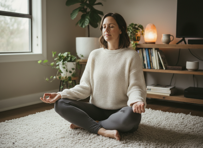 femme-meditation-confortable-salon Femme méditant dans un salon cosy et apaisant