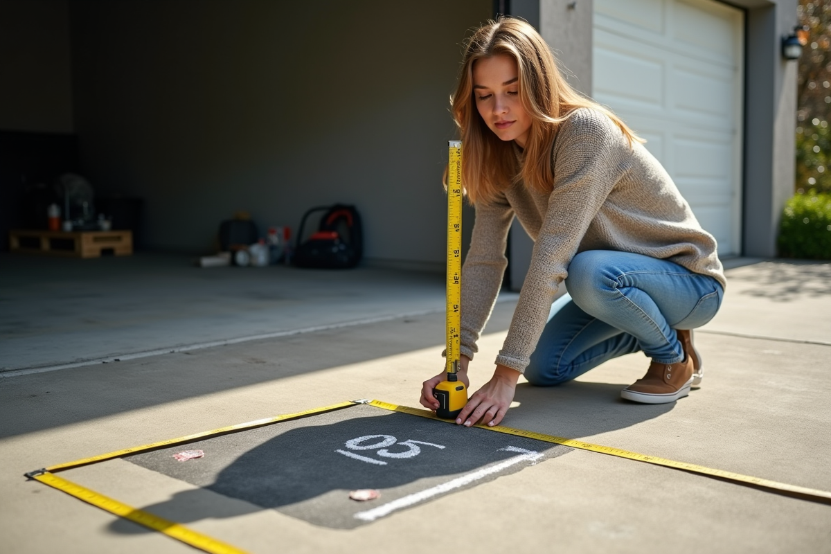 Jeune femme mesurant un espace dans un garage ensoleille