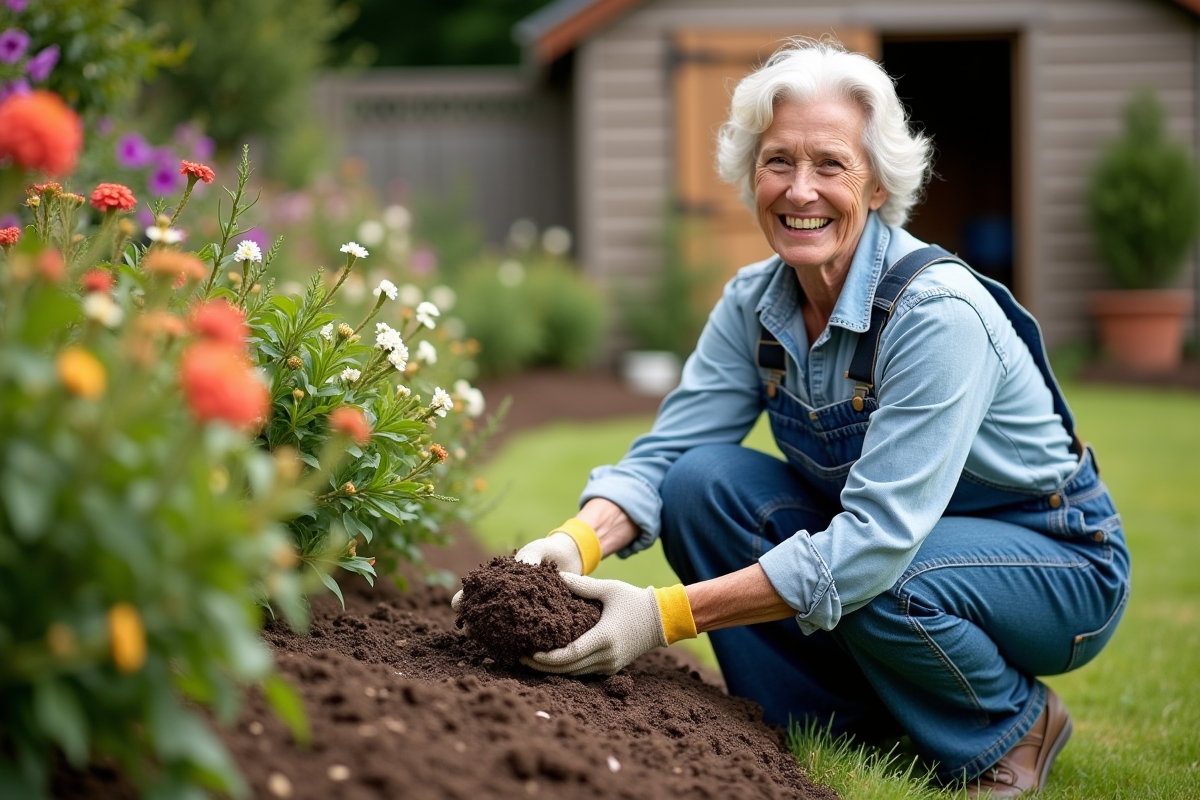 Femme souriante manipulant du fumier près de fleurs dans le jardin
