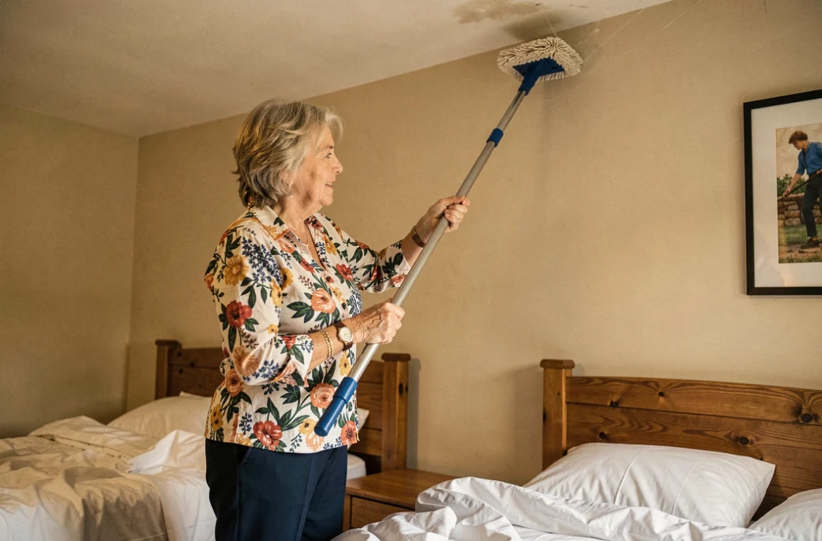 Femme âgée retirant des toiles d'araignées dans les angles hauts d'une chambre avec un balai extensible flexible