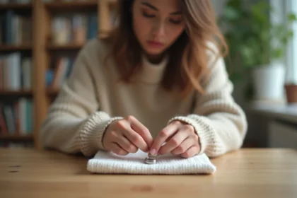 Femme nettoyant une bague en argent sur une table en bois