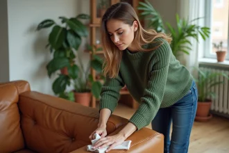 Femme appliquant un nettoyant cuir sur un canapé en cuir caramel